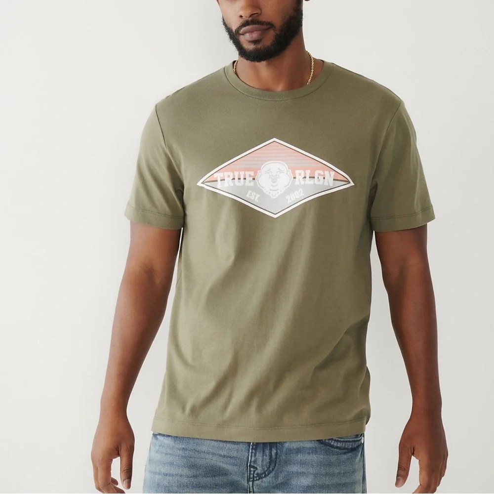 New True Religion Buddha Face Logo Olive Green Tee Size XL